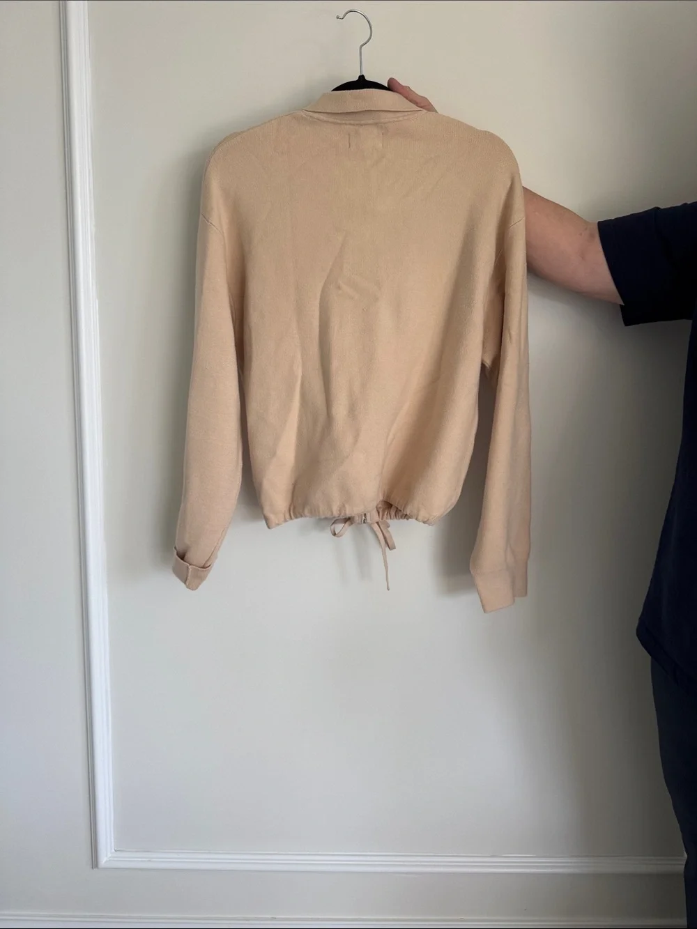 Monrow Soft Beige Zip-Up Drawstring Bomber Jacket